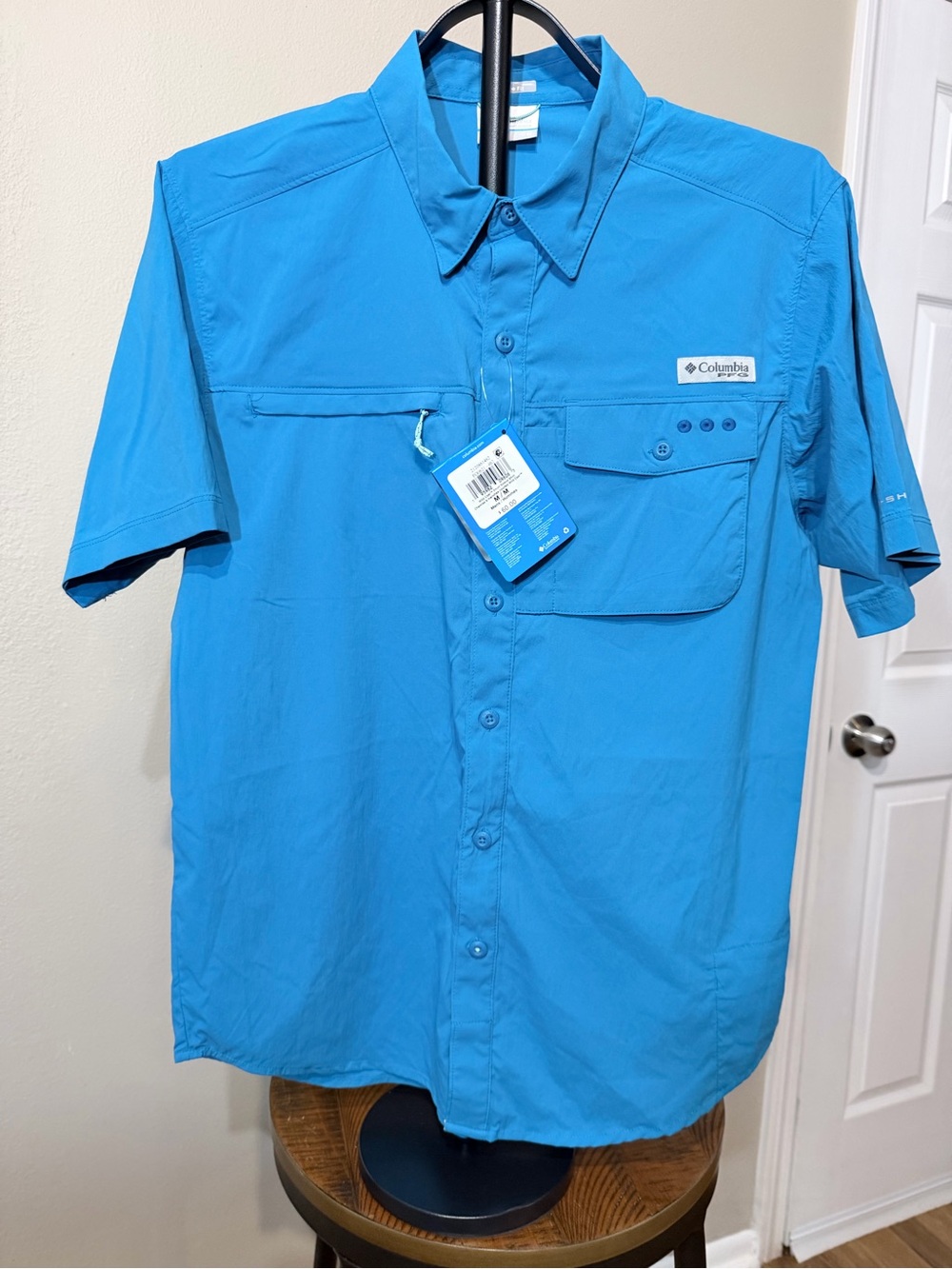 Columbia PFG Men’s M Short Sleeve Button-Up Fishing Shirt Blue Polyester Pockets